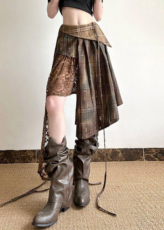 Plaid Asymmetrical Lace Patchwork Cotton Skirt Summer