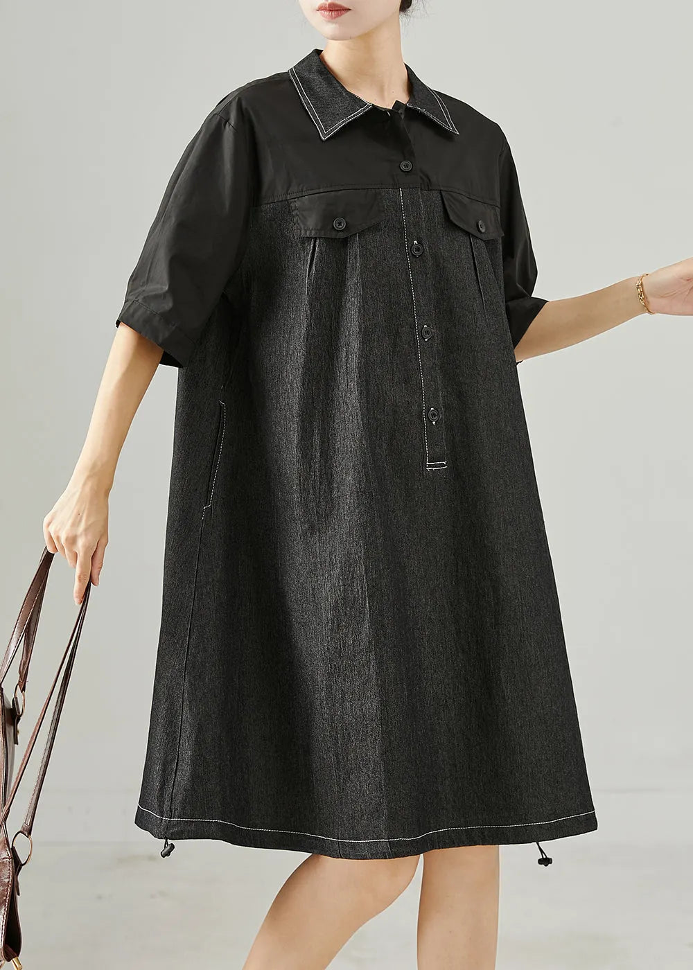 Black Oversized Patchwork Cotton Mid Dress Summer