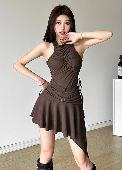 French Coffee Asymmetrical Cinched Patchwork Cotton Mid Dress Sleeveless