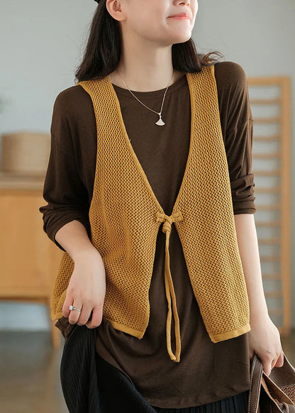 Yellow V Neck Hollow Out Tie Waist Knit Vests Fall