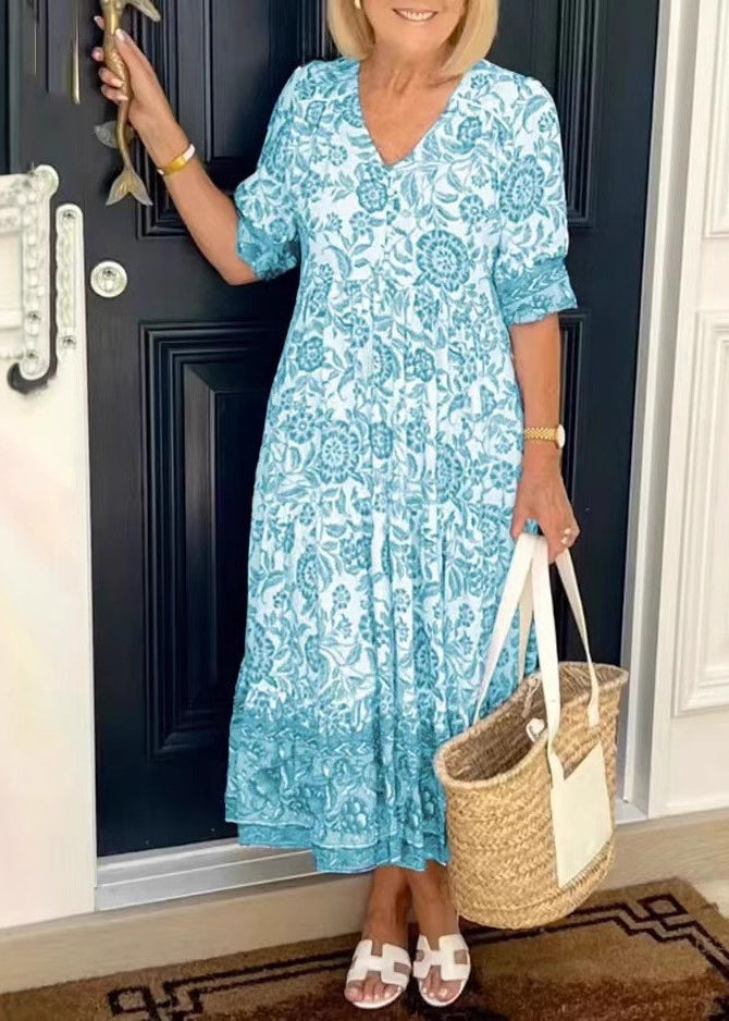 Blue V Neck Print Wrinkled Cotton Dress Summer