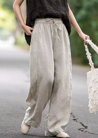 Pink Linen Summer Straight Pants Elastic Waist