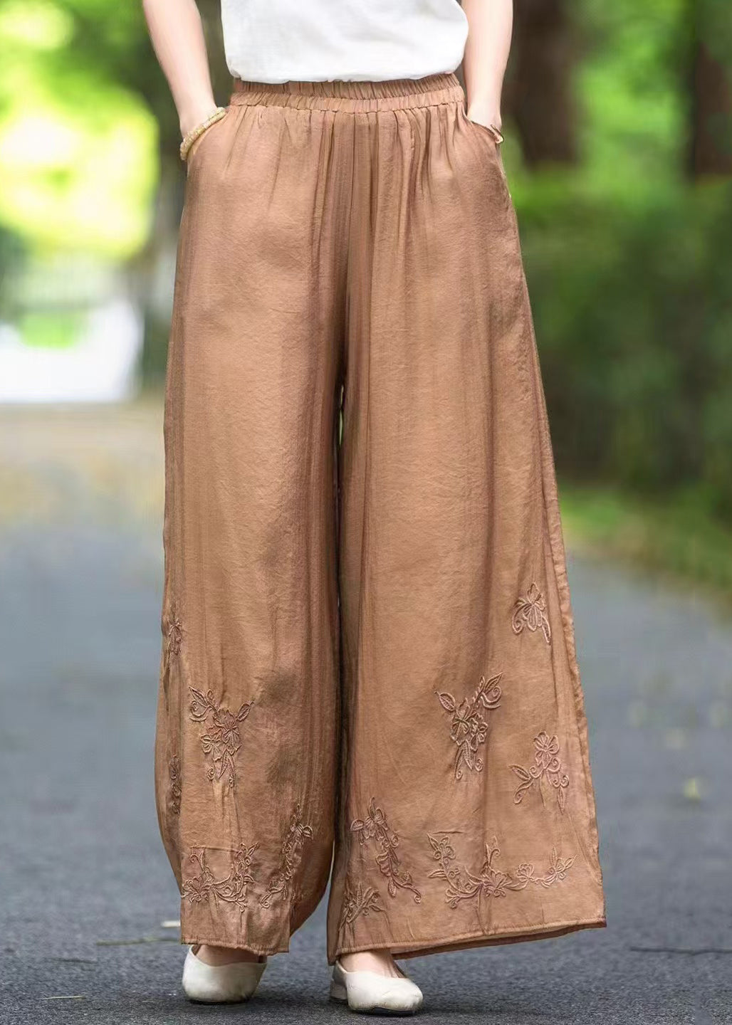 Handmade Brown Elastic Waist Pockets Silk Pants Summer