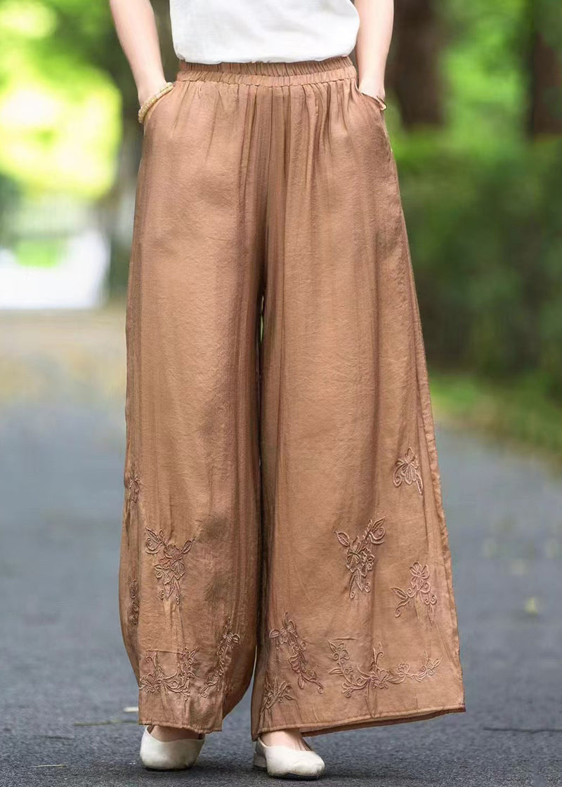Handmade Brown Elastic Waist Pockets Silk Pants Summer