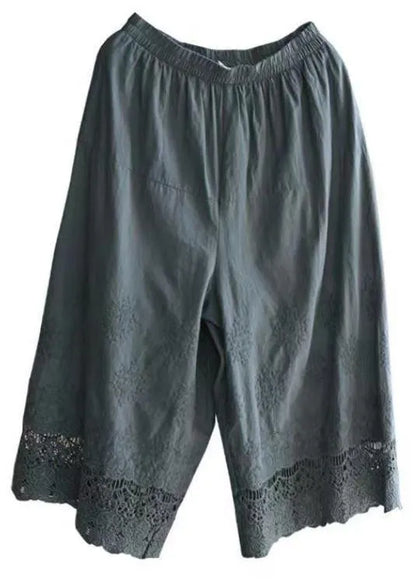 Grey Embroidered Elastic Waist Cotton Crop Pants Summer