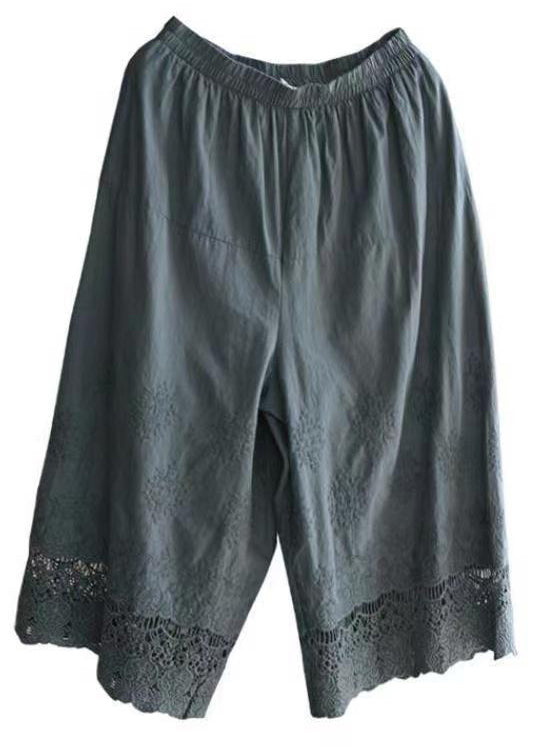Grey Embroidered Elastic Waist Cotton Crop Pants Summer