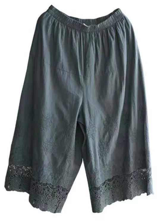 Grey Embroidered Elastic Waist Cotton Crop Pants Summer