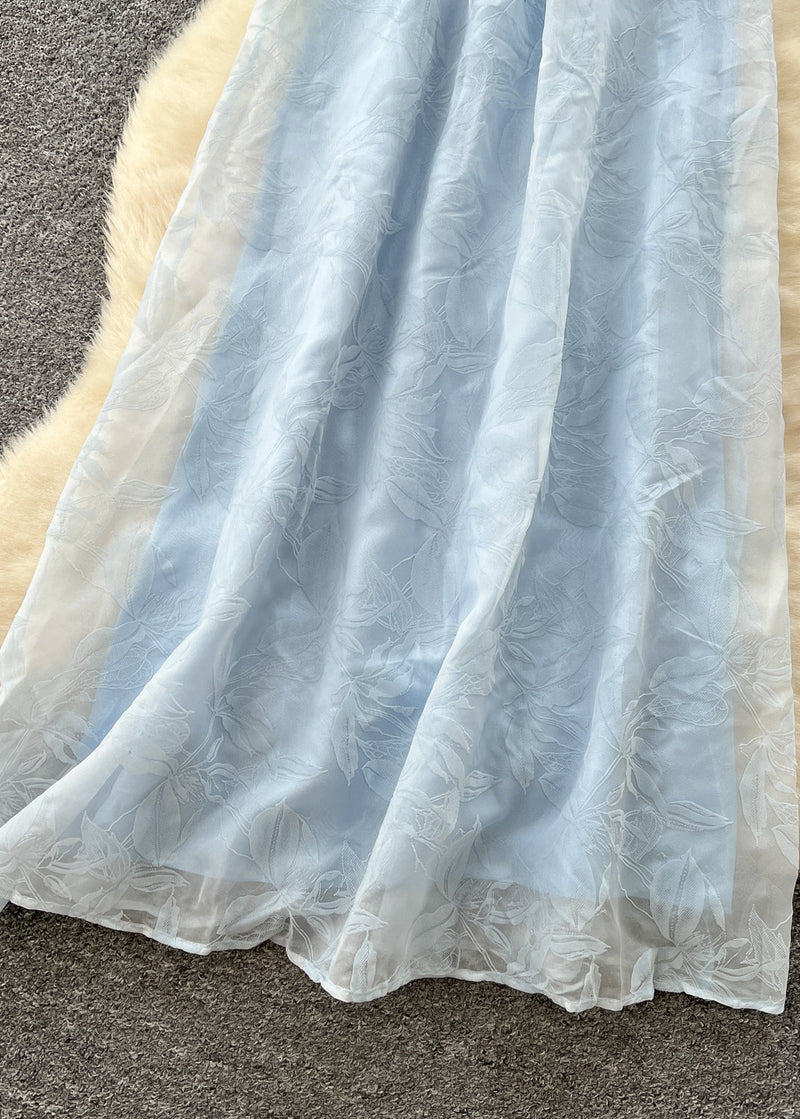 Sky Blue Jacquard Chiffon Spaghetti Strap Dress Summer