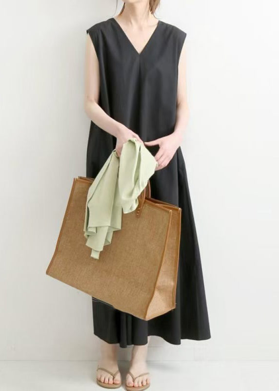 Organic Black V Neck Exra Large Hem Cotton Long Dress Sleeveless