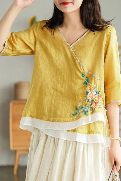 Lace-up Ramie Embroidered T-shirt