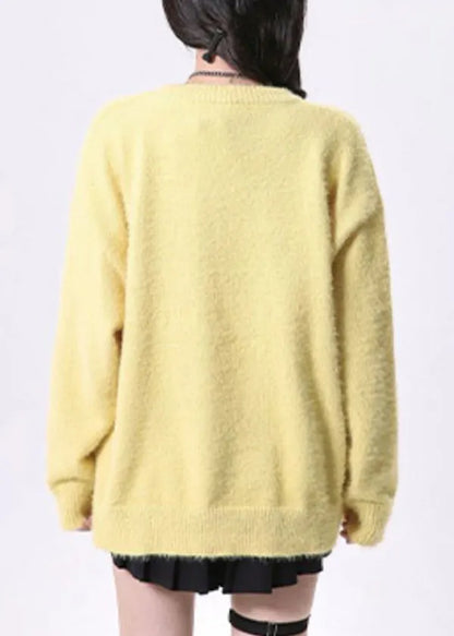 Yellow O Neck Cats Print Knit Sweaters Spring