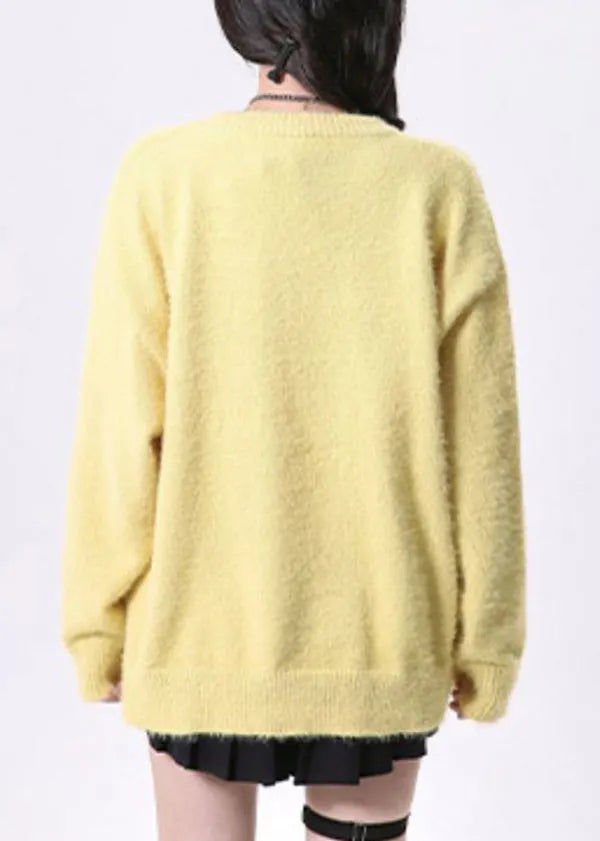 Yellow O Neck Cats Print Knit Sweaters Spring