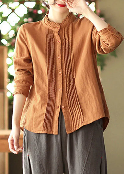 Caramel Stand Collar Button Cotton Shirt Long Sleeve