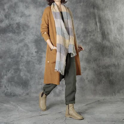 Brick Red Knit Pockets Embroideried Fall Cardigan Long Sleeve