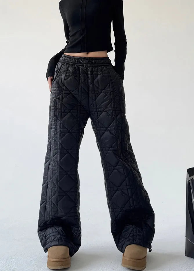 Diy Black Elastic Waist Plaid Fine Cotton Filled Pants Spring