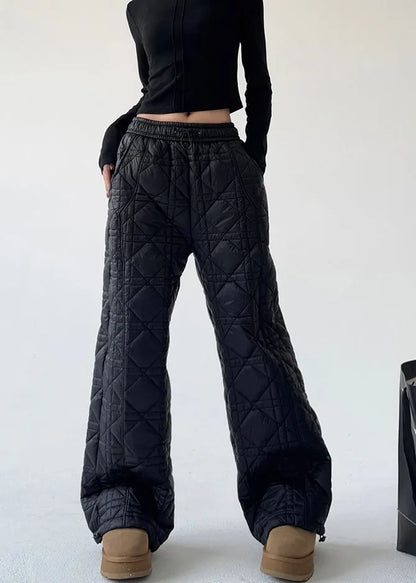 Diy Black Elastic Waist Plaid Fine Cotton Filled Pants Spring