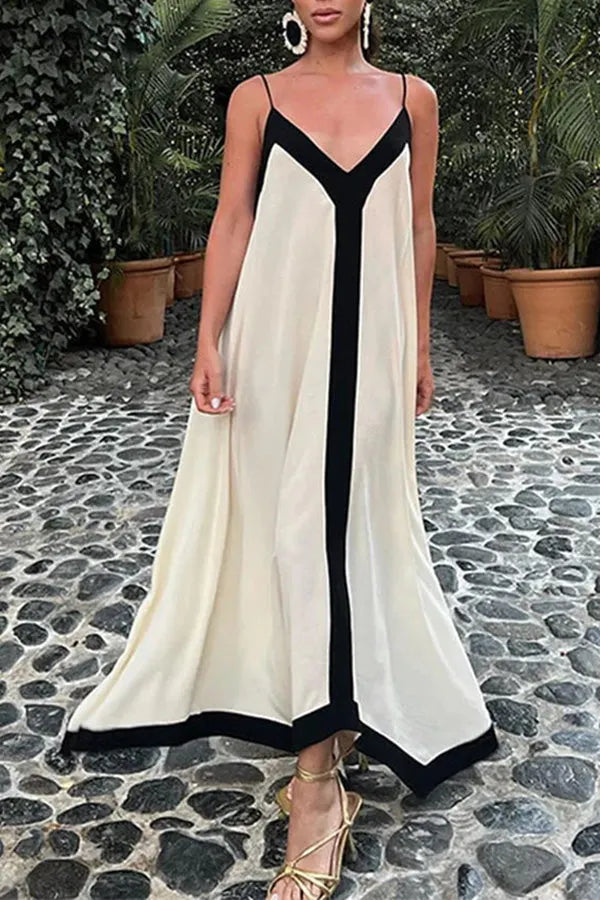 Traveling the Horizon Satin Colorblock Strap Loose Maxi Dress