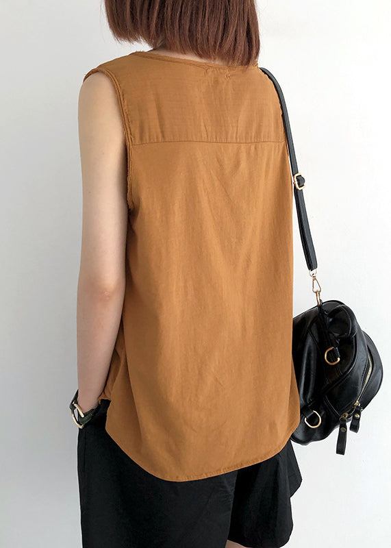 Orange Linen Tops O-neck Pocket Sleeveless