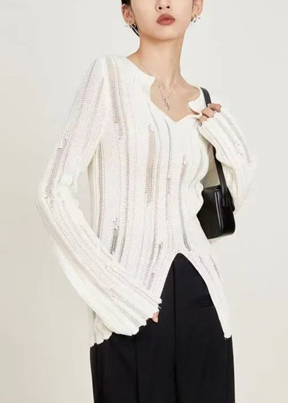 Slim Fit Black Hollow Out Front Open Knit Sweaters Spring
