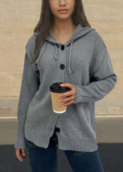 Style White Hooded Button Knit Loose Coat Fall