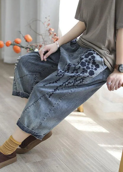 Blue Embroidered Summer Denim Pants
