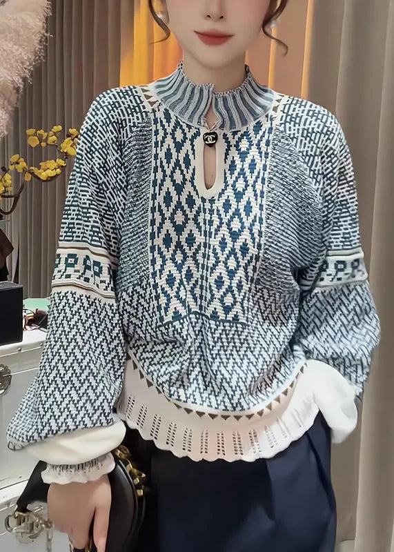 Blue Stand Collar Print Knit Sweater Fall