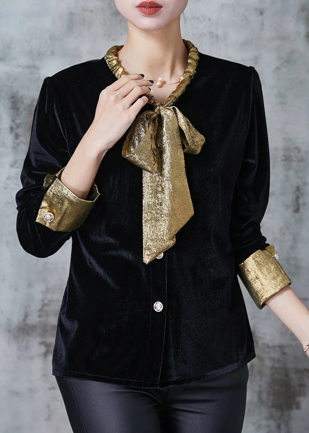 Black Bow Collar Silk Velour Shirt Top Spring