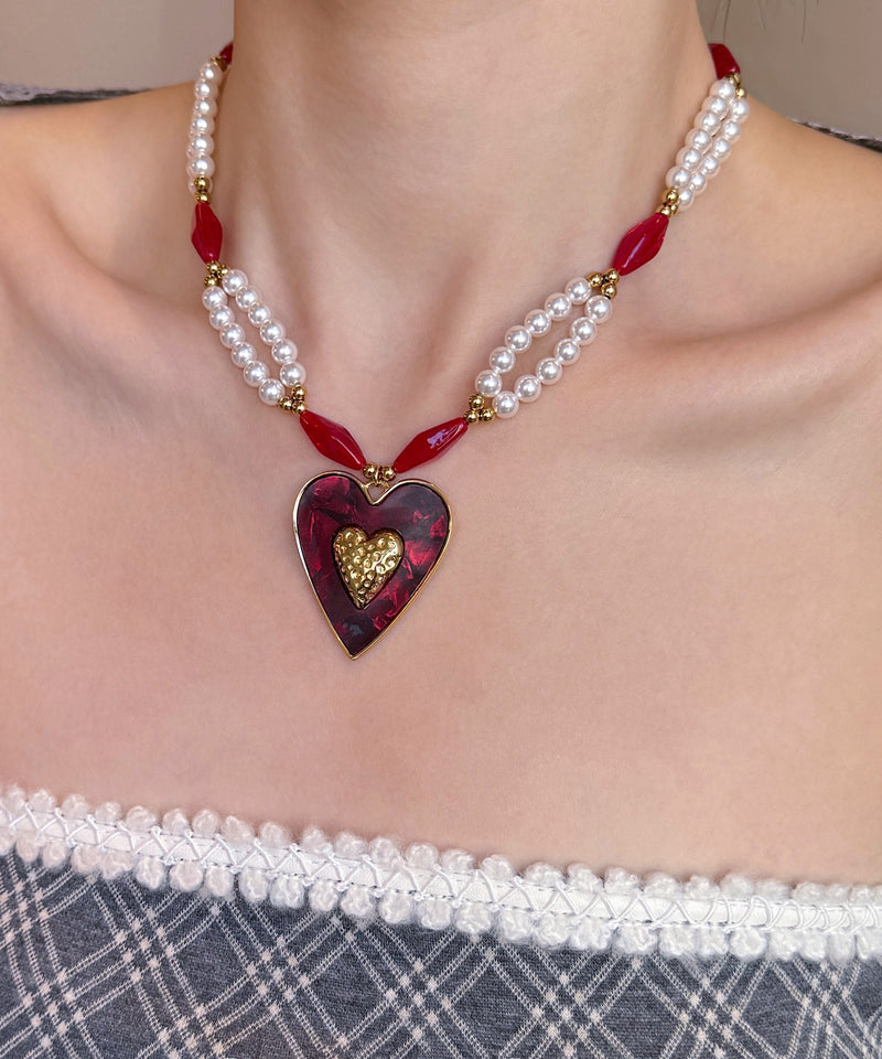 Colorblock Alloy Pearl Love Glass Bead Pendant Necklace