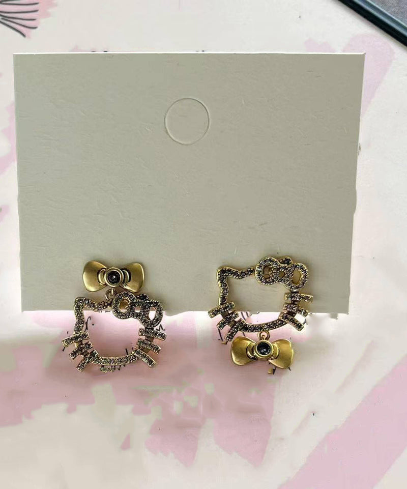 Boutique Gold Copper Zircon Kitty Cat Bow Stud Earrings