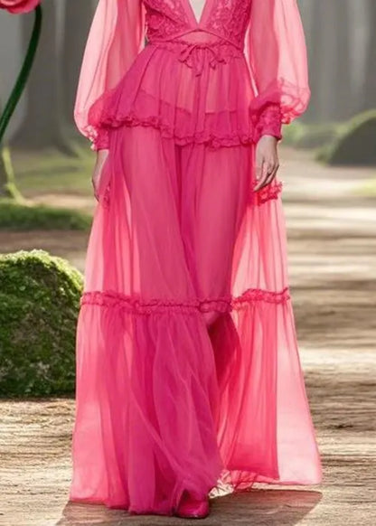 Rose V Neck Ruffled Lace Up Chiffon Long Dresses Spring
