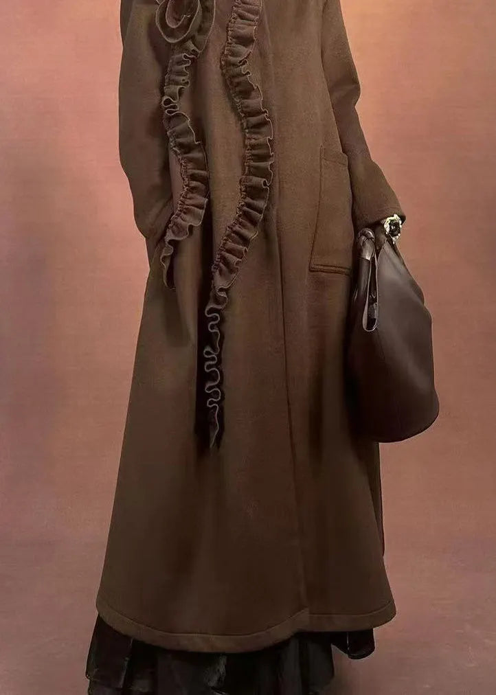 Fine Coffee O-neck Ruffled Patchwork Pockets Woolen Long Coats Winter