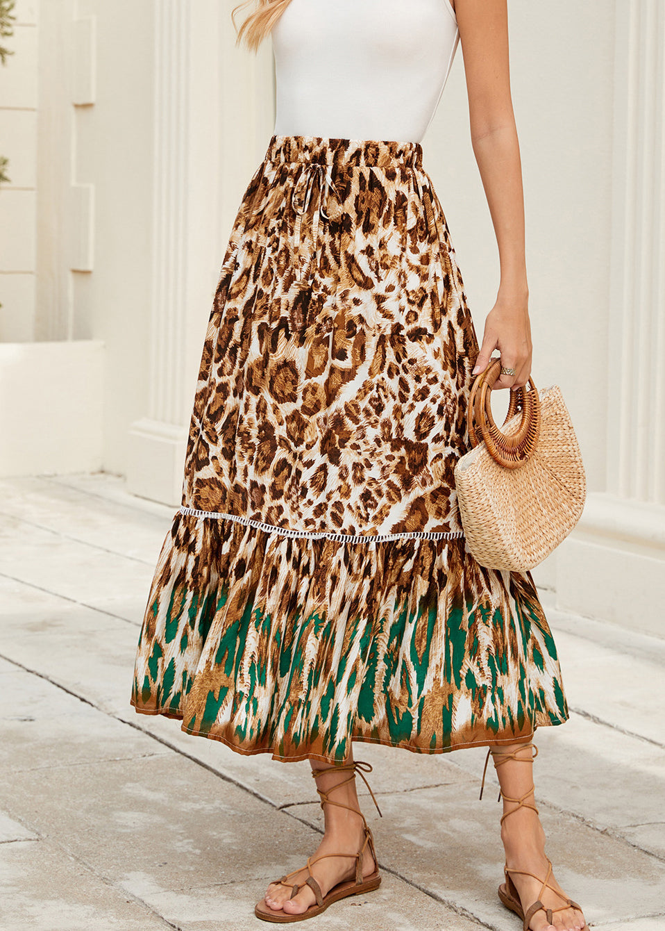 Leopard Print Wrinkled Patchwork Cotton Skirt Summer
