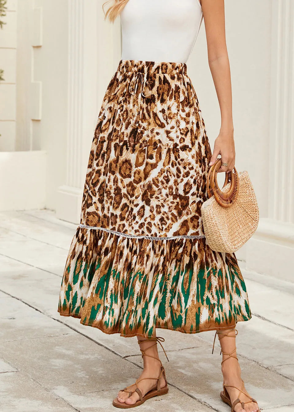 Leopard Print Wrinkled Patchwork Cotton Skirt Summer