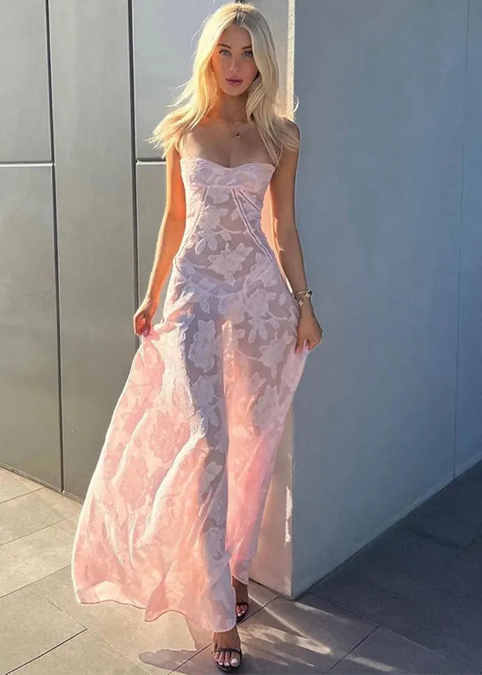 Jacquard Pink Sheer Lace Long Spaghetti Strap Dress Summer