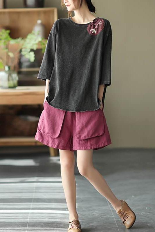 Cotton Split Patchwork O Neck T-shirt