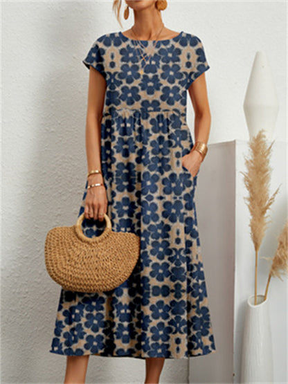 Round Neck Loose Cotton Linen Sleeveless Round Neck Print Dress