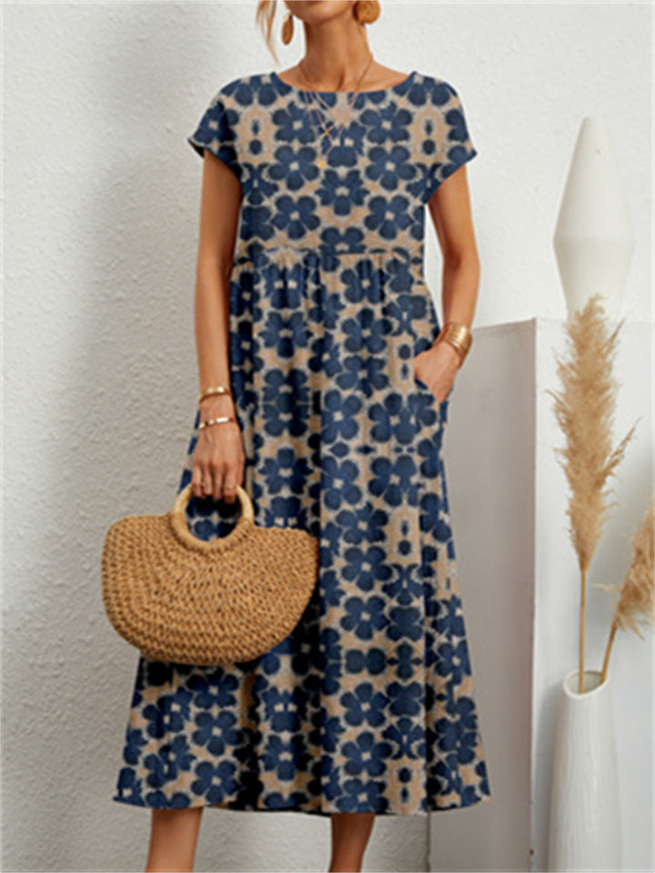 Round Neck Loose Cotton Linen Sleeveless Round Neck Print Dress
