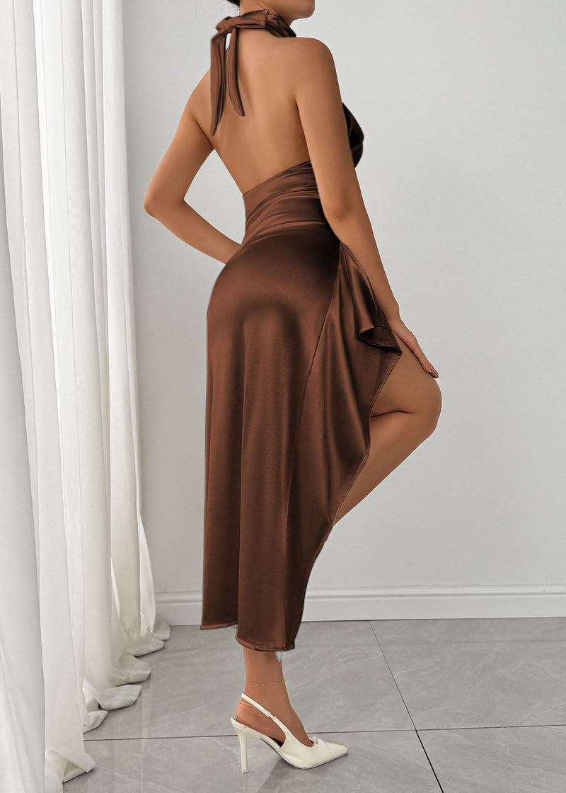 Coffee Side Open Wrinkled Silk Maxi Dresses Summer