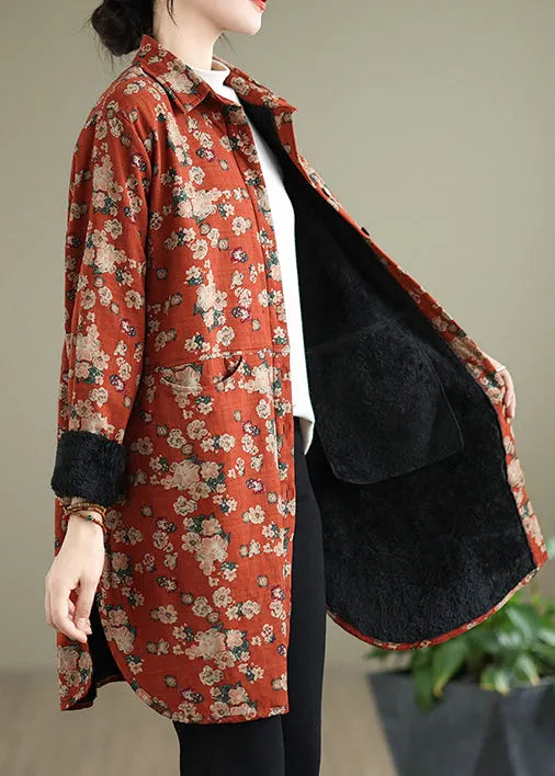 Orange Peter Pan Collar Print Warm Fleece Shirts Coat Spring