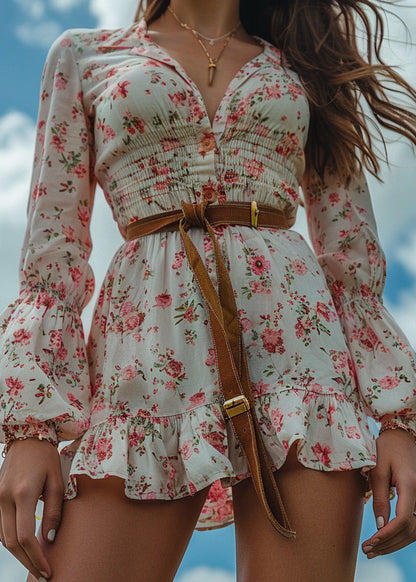 Pastoral Style Ruffled Print Cotton Mini Dress Long Sleeve