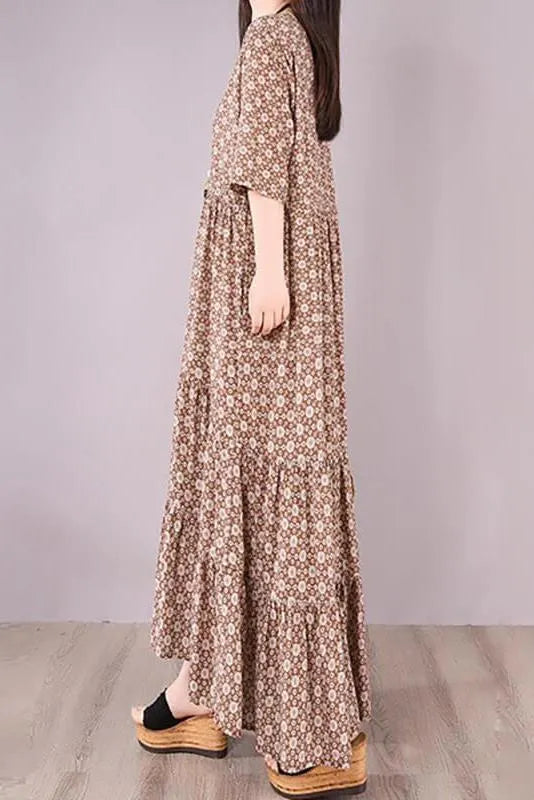 Pleated Lace-up Print Maxi Dress