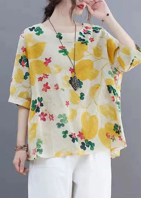 Yellow O Neck Print Patchwork Linen Tops Summer