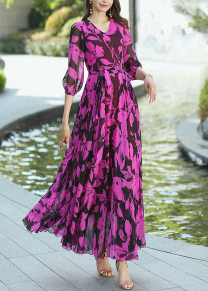 Rose V Neck Print Wrinkled Chiffon Dresses Summer
