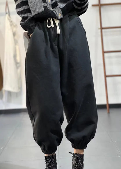 Beige Pockets Elastic Waist Warm Fleece Sport Pants Fall