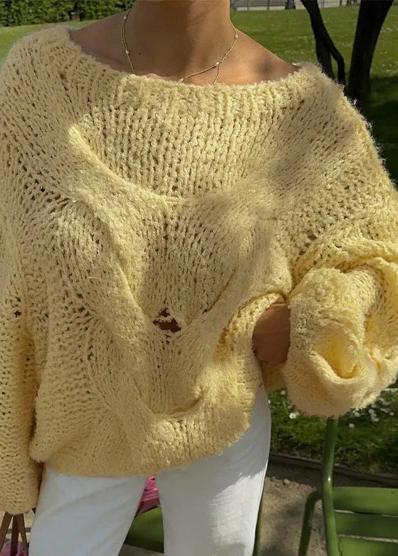 Handmade Yellow O Neck Knit Sweater Tops Lantern Sleeve