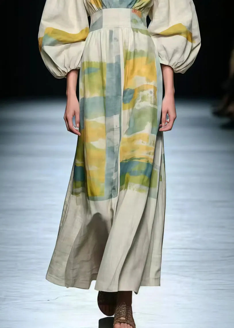 V Neck Print Cotton Long Dress Lantern Sleeve