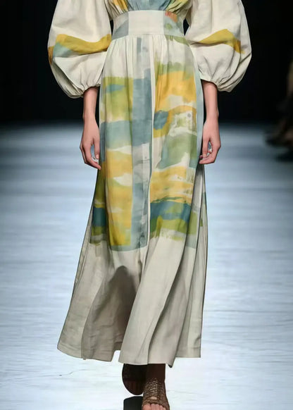 V Neck Print Cotton Long Dress Lantern Sleeve