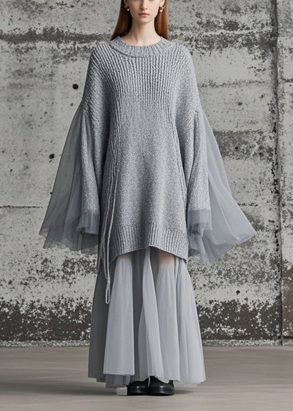 Grey Patchwork Tulle Knitted Dress Oversized Batwing Sleeve