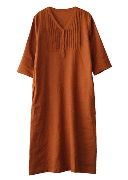 Organic Orange V Neck Wrinkled Linen Party Dress Half Sleeve