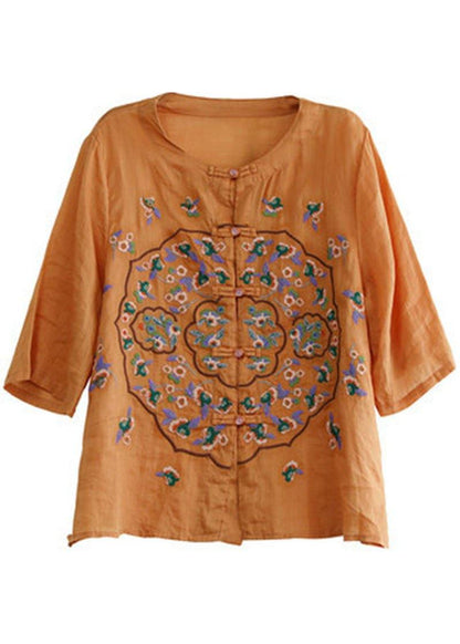 Orange Embroidered Oriental Ramie Top Summer